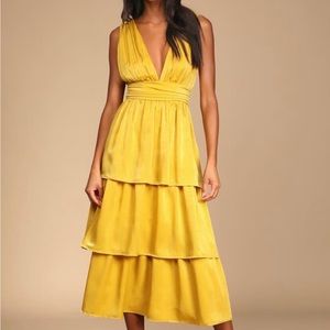 Lulus Yellow Satin Midi Dress